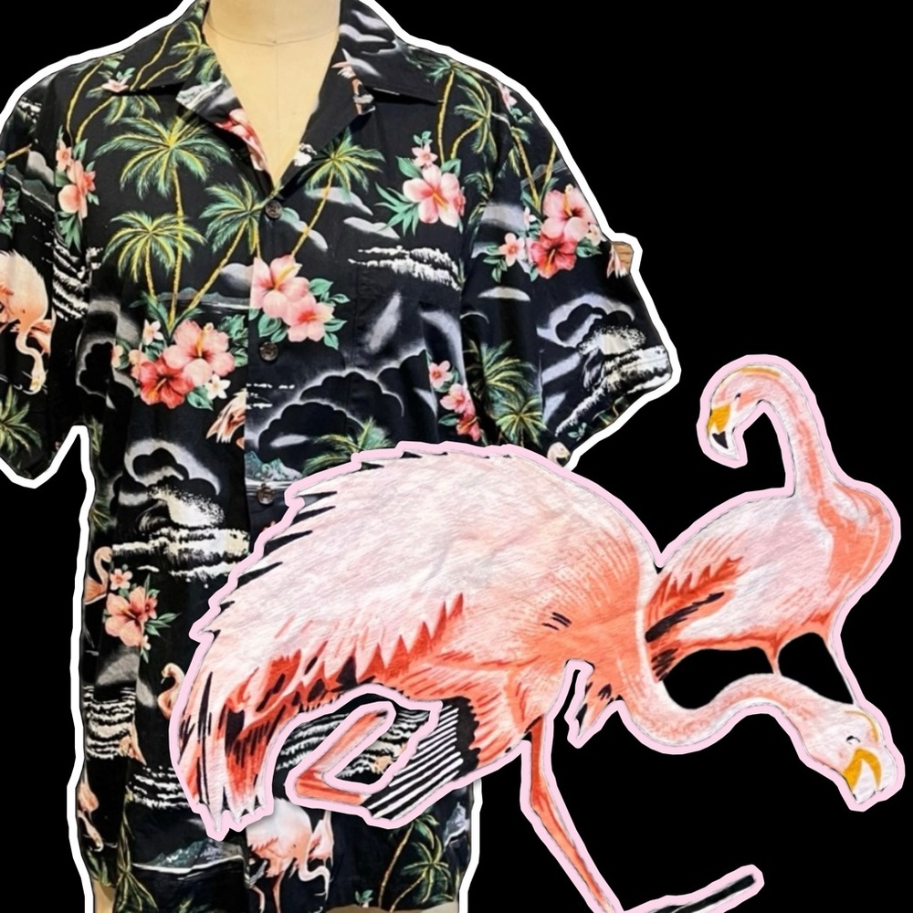 VINTAGE authentic made Hawaii shirt flamingo palm tree hibiscus volcano island‎